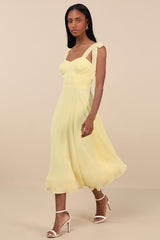 Sophisticated Charisma Light Yellow Tie-Strap A-Line Midi Dress