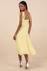Sophisticated Charisma Light Yellow Tie-Strap A-Line Midi Dress
