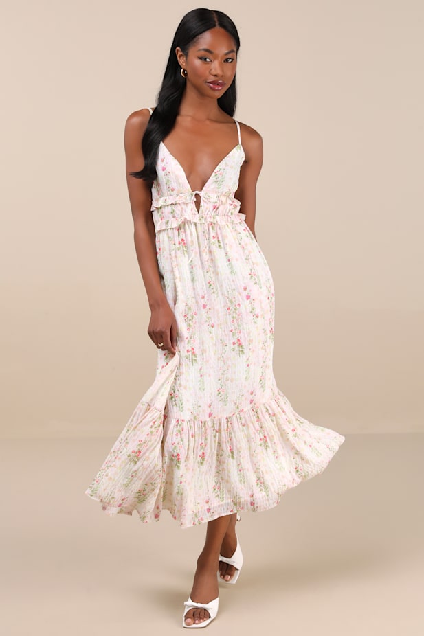 Sandi Ivory Multi Floral Tie-Front Midi Dress