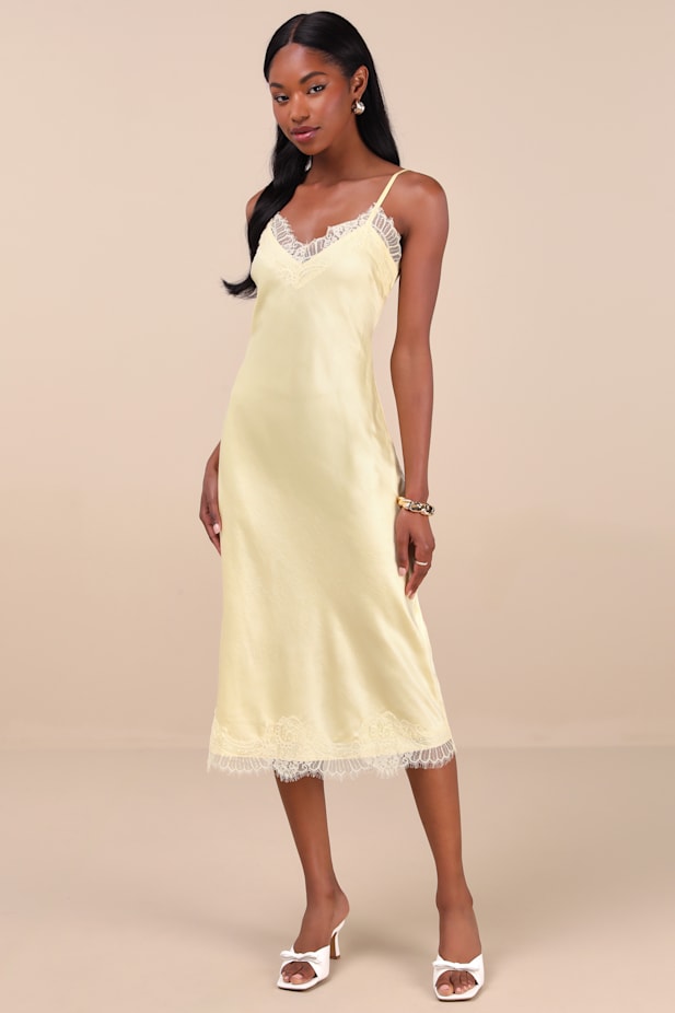 Raenne Light Yellow Crinkle Satin Lace Midi Slip Dress