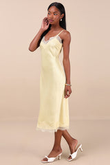 Raenne Light Yellow Crinkle Satin Lace Midi Slip Dress