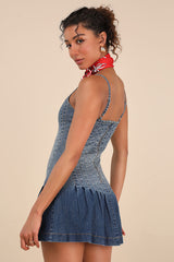 Mazikeen Medium Wash Ombre Denim Pleated Mini Dress
