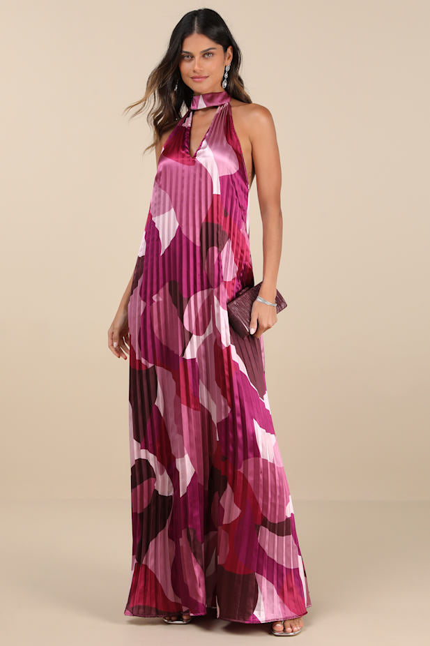 Prime Poise Pink Multi Abstract Satin Halter Maxi Dress