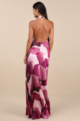 Prime Poise Pink Multi Abstract Satin Halter Maxi Dress