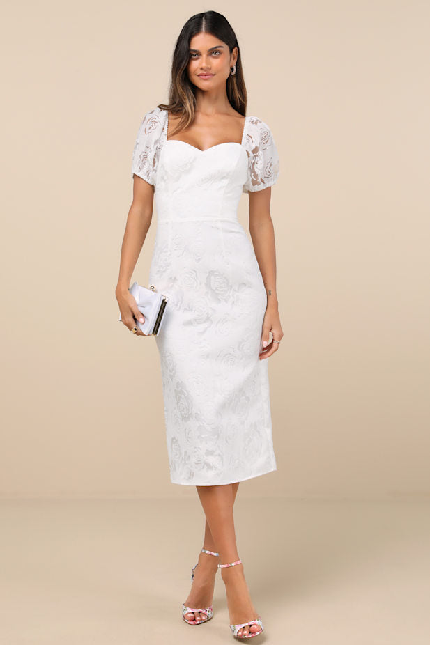 Odetta White Burnout Puff Sleeve Lace-Up Midi Dress