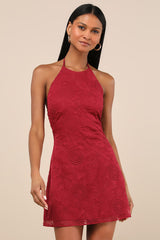 Letitia Dark Red Embroidered Halter Mini Dress