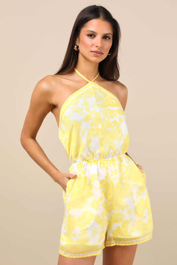 Moya Yellow and White Floral Halter Romper