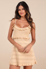 Enviable Pick Beige Pointelle Knit Ruffled Mini Dress