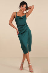 Hollywood Woman Forest Green Satin Midi Dress