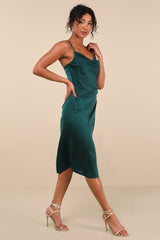Hollywood Woman Forest Green Satin Midi Dress