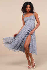 Winnie Light Blue Paisley Tie-Strap Midi Dress