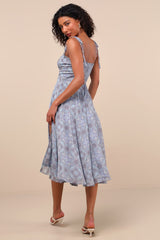 Winnie Light Blue Paisley Tie-Strap Midi Dress
