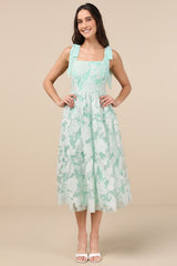 Proof of Perfection Mint Green Floral Tiered Tie-Strap Midi Dres