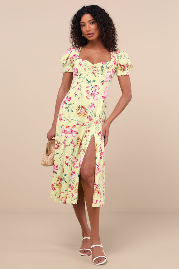 Parisian Picnic Green Floral Jacquard Puff Sleeve Midi Dress