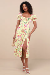 Parisian Picnic Green Floral Jacquard Puff Sleeve Midi Dress