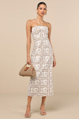 Asiya Beige Stamp Print Halter Midi Dress