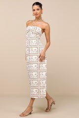 Asiya Beige Stamp Print Halter Midi Dress
