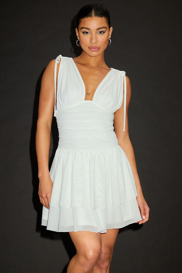 Luisella White Mesh Ruched Tiered Mini Dress