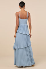 Jehona Dusty Blue Pleated Tiered Maxi Dress
