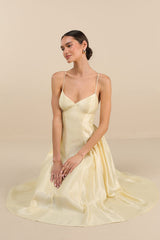 Paride Shiny Light Yellow Gathered Lace-Up Midi Dress