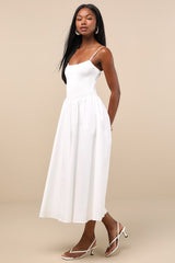 Tandria White Smocked Sleeveless Midi Dress