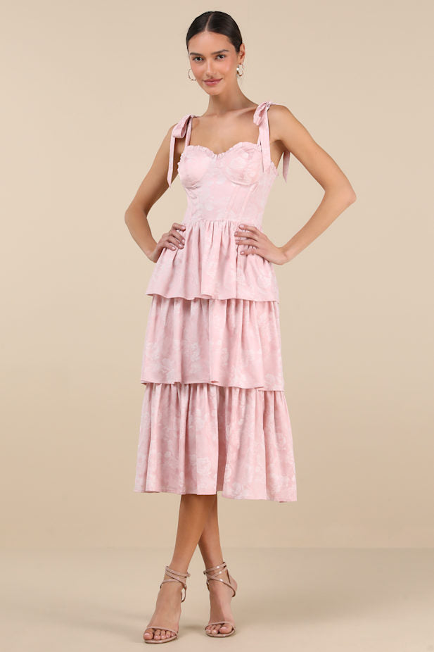 Lovely Bliss Pink Floral Jacquard Strapless Bustier Midi Dress