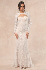 Neska White and Beige Lace Maxi Dress and Shrug Set