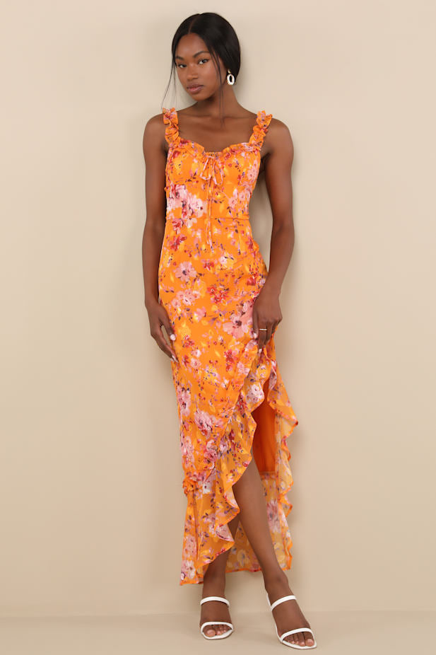 Lovable Spirit Orange Floral Burnout Ruffled High-Low Maxi Dress