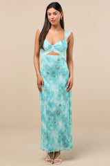 Endlessly Cute Teal Floral Mesh Cutout Lace Bustier Maxi Dress