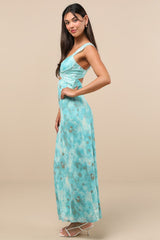 Endlessly Cute Teal Floral Mesh Cutout Lace Bustier Maxi Dress