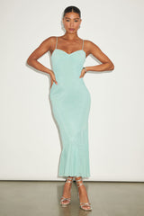 Giorgina Sage Mesh Gathered Trumpet Midi Dress