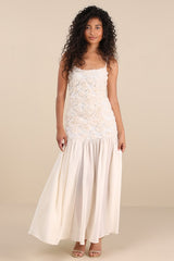 Kalene Cream 3D Rosette Sheer Hem Maxi Dress