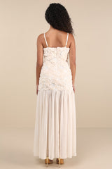 Kalene Cream 3D Rosette Sheer Hem Maxi Dress