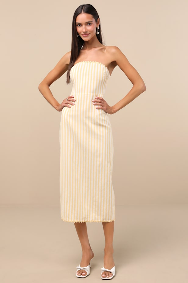 Brigita Yellow Striped Strapless Column Midi Dress