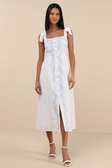 Corinthia White Embroidered Button-Front Midi Dress