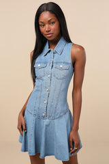 Jaila Medium Wash Denim Collared Mini Dress