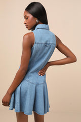 Jaila Medium Wash Denim Collared Mini Dress
