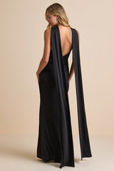 Noretta Black Jersey Knit Keyhole Cutout Sash Maxi Dress
