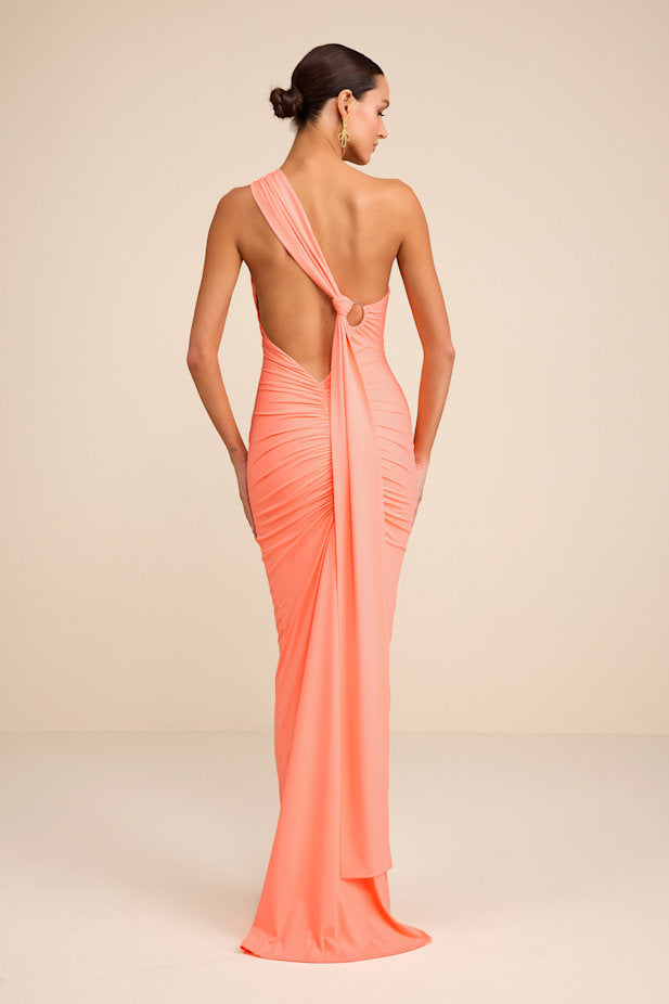 Cressida Peach Slinky Knit One-Shoulder Mermaid Maxi Dress