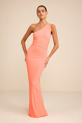 Cressida Peach Slinky Knit One-Shoulder Mermaid Maxi Dress