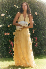 Kennia Light Yellow 3D Floral Embroidered Halter Maxi Dress