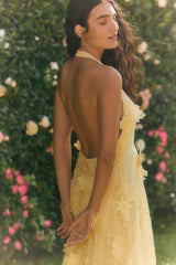 Kennia Light Yellow 3D Floral Embroidered Halter Maxi Dress