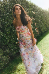 Rosario Light Blue Multi 3D Floral Embroidered Maxi Dress