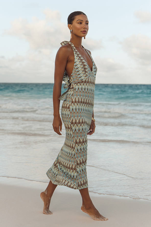 Majesty Turquoise and Brown Crochet Halter Midi Dress