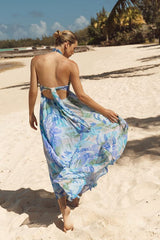 Aminah Blue Multi Floral Pleated Halter Midi Dress
