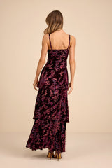 I Love You Amore Plum Purple Floral Velvet Tiered Maxi Dress