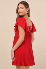Amalfi Coast Wine Red Pleated Flutter Sleeve Mini Dress