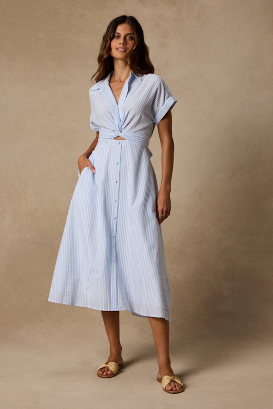Adorable Impression White and Blue Midi Dress With Pockets