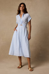 Adorable Impression White and Blue Midi Dress With Pockets