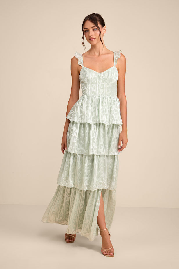 Stunning Glory Sage Green Floral Jacquard Tiered Maxi Dress